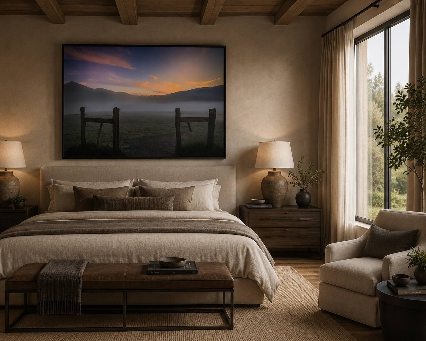 Large framed Cades Cove sunrise artwork above a bed in a warm modern bedroom by Dan Sproul